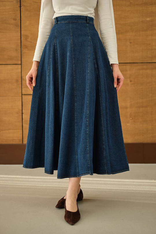 Dikiş Detay Yandan Fermuarlı Kot Etek Lacivert