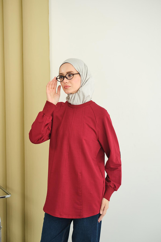 Dikiş Detaylı Bisiklet Yaka Sweat Bordo