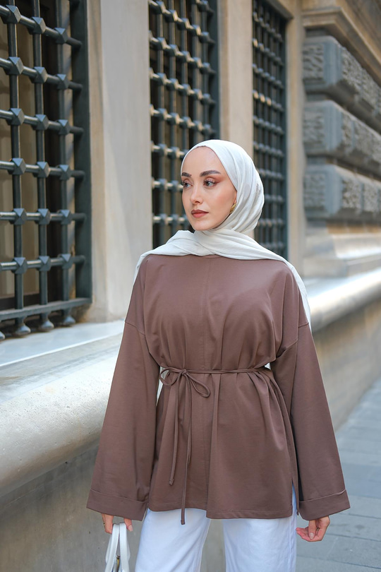 Dikiş Detaylı Yırtmaçlı Tunik Kahverengi