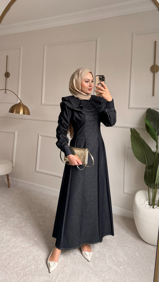 Dikiş İz Detay Pelerinli Kot Elbise Lacivert