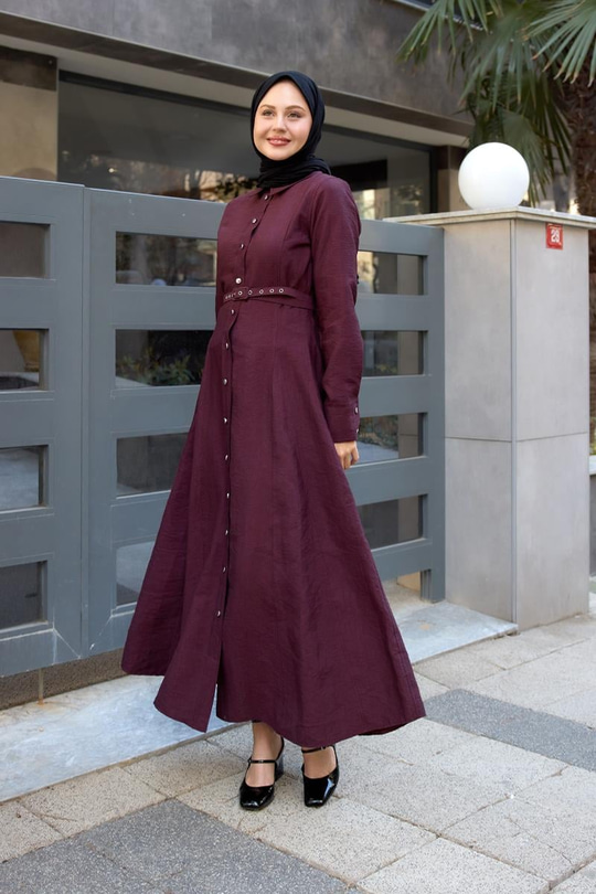 Dilimli Cupra Elbise Bordo