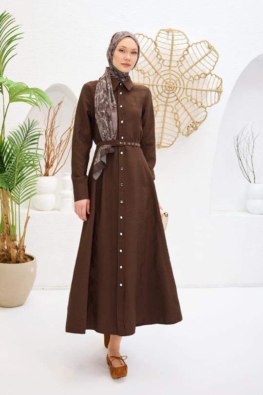 Dilimli Cupra Elbise Kahverengi