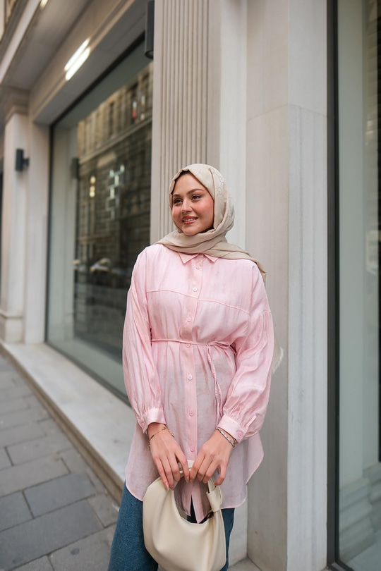 Dokulu Oversize Gömlek Pembe