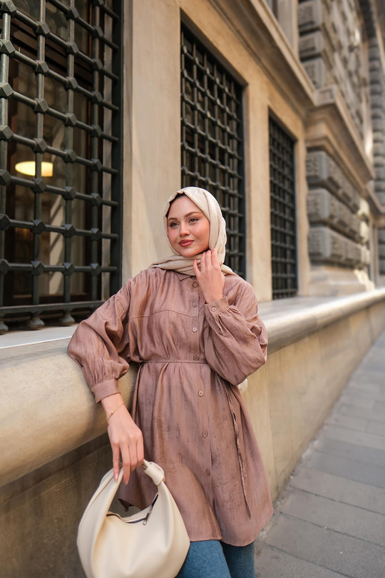 Dokulu Oversize Gömlek Vizon