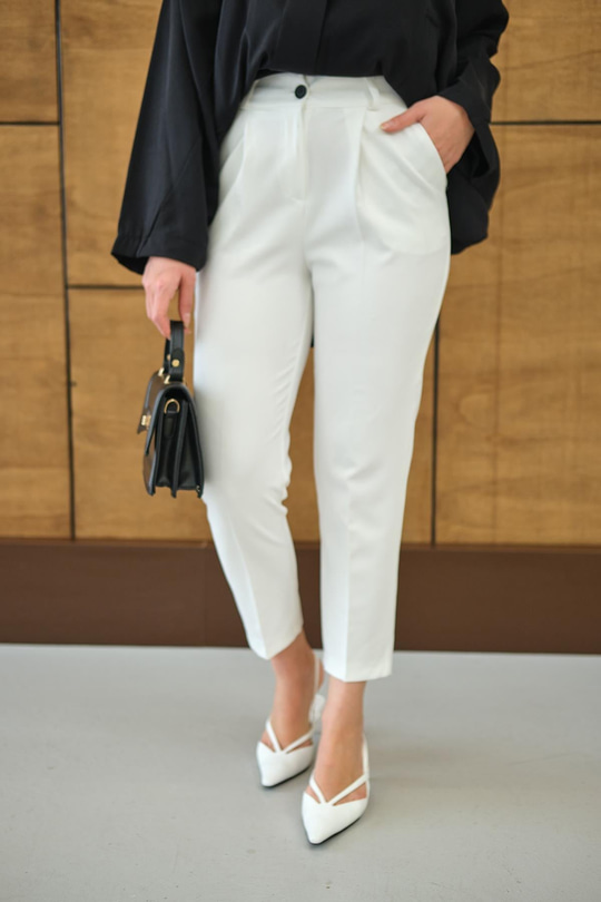 DUBLE KAPLAMA KEMERLI PANTOLON Ekru