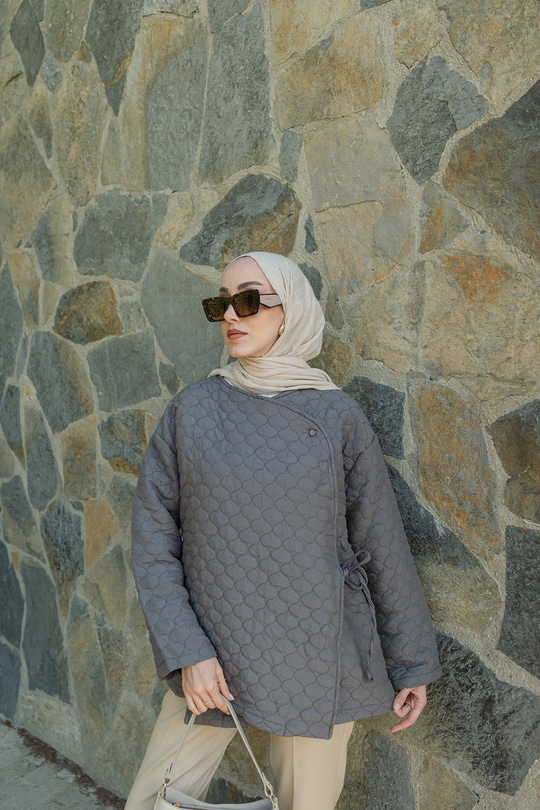 Düğme Detay Bağlamalı Ceket Gri