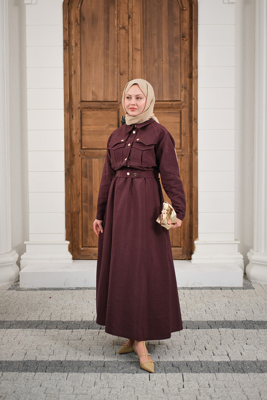 Düğme Detay Ceketli Takım Bordo