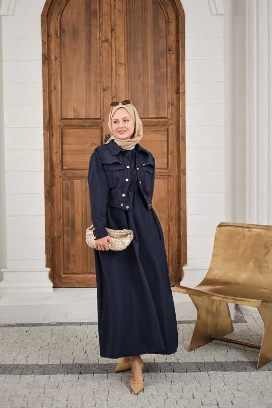 Düğme Detay Ceketli Takım Lacivert