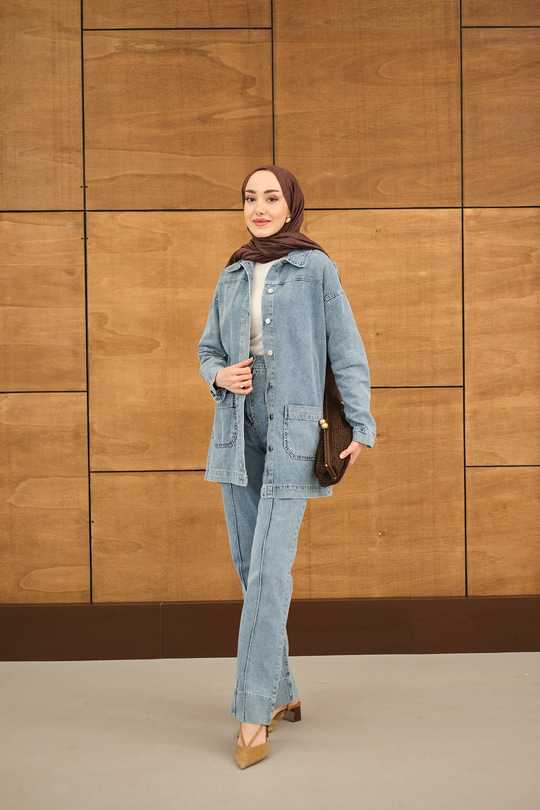 Düğme Detay Çift Cepli Pantolonlu Kot Takım Buz Mavi