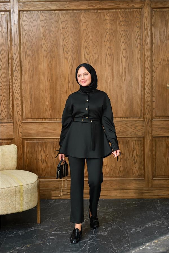 Düğme Detay İkili Takım Siyah