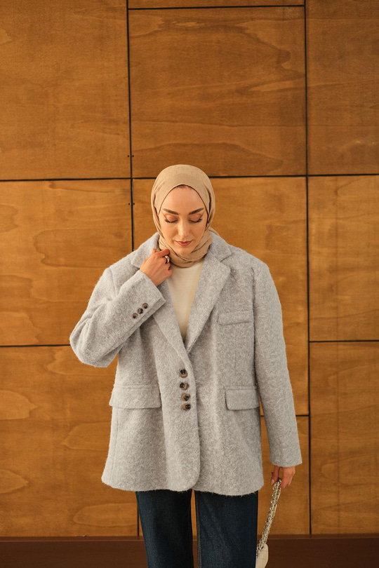 Düğme Detay Kırçıllı Ceket Gri