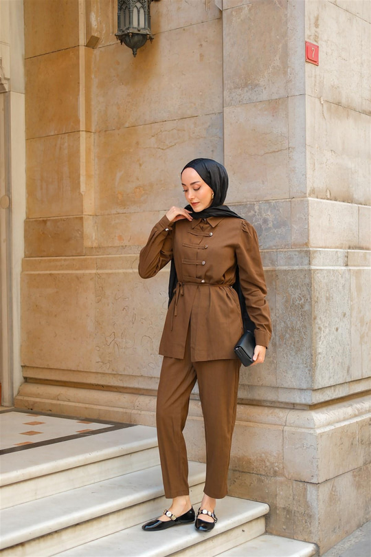 Düğme Detay Takım Kahverengi