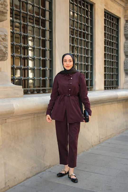 Düğme Detay Takım Mürdüm