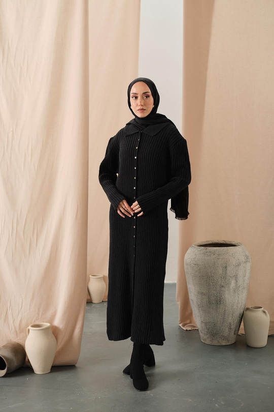 Düğme Detay Triko Elbise Siyah