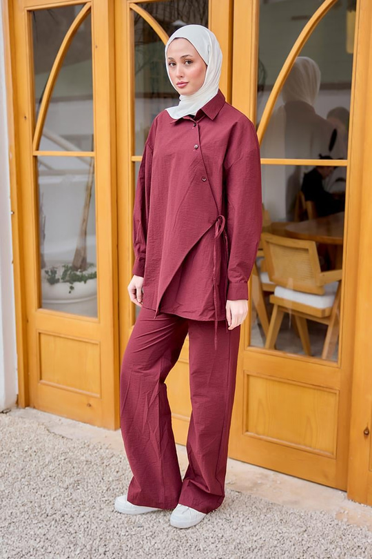 Düğme Detay Yan Bağlamalı Keten Takım Bordo