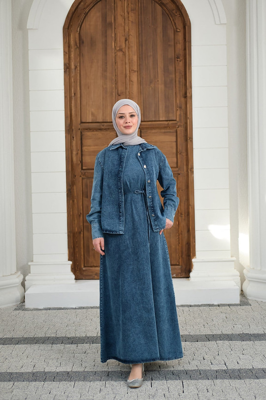 Düğmeli Bel Bağlamalı Kot Takım Yıkama Mavi