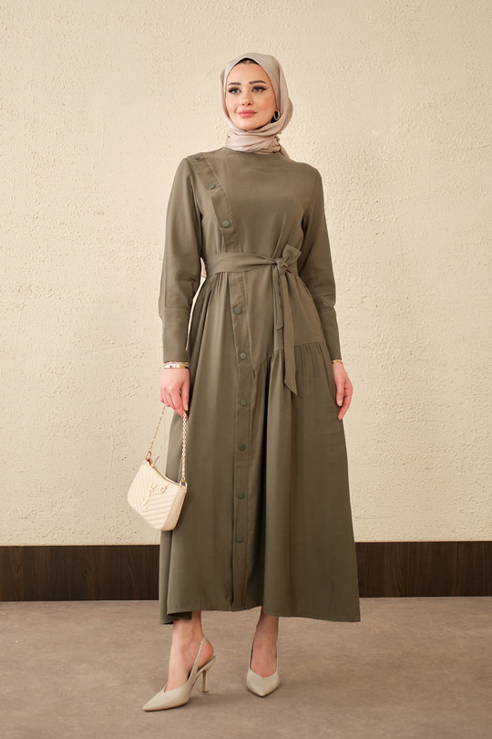 Düğmeli Etek Büzgülü Bel Bağlamalı Elbise Haki Yeşil