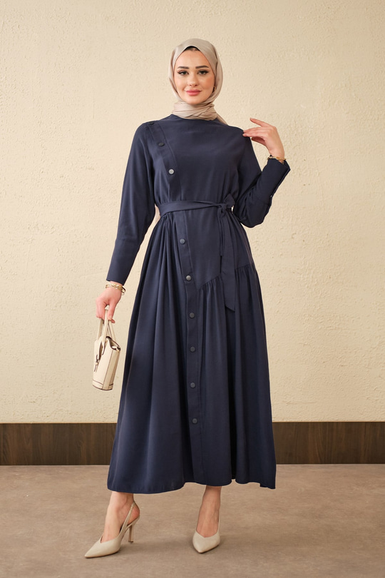 Düğmeli Etek Büzgülü Bel Bağlamalı Elbise Lacivert