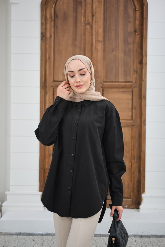 Düz Oversize Gömlek Siyah