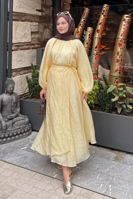 Tül Detay Pelerinli Etekli Takım Sarı