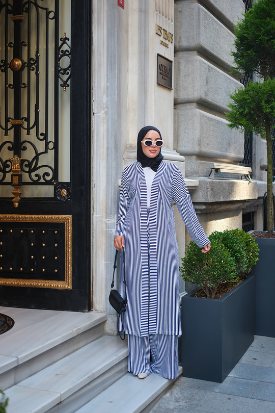 Üç Parça Çizgili Kimono Takım Siyah