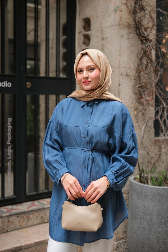 Ekol Bel Bağlamalı Gömlek İndigo Mavi