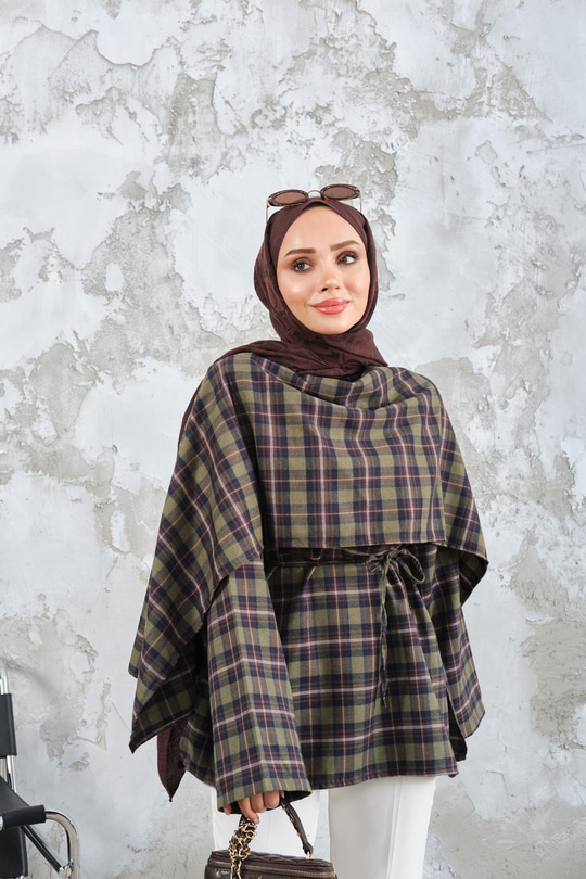 Ekose Desen Bel Bağlamalı Düğme Detay Panço Haki Yeşil