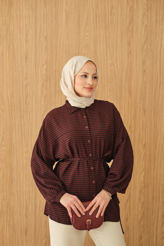 Ekose Desen Bel Bağlamalı Gömlek Bordo