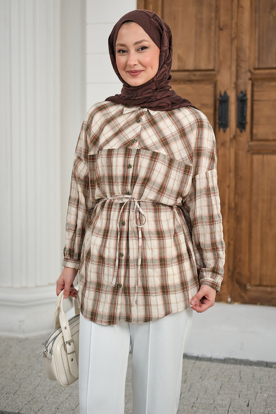 Ekose Desen Bel Bağlamalı Gömlek Haki Yeşil