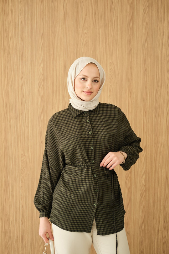 Ekose Desen Bel Bağlamalı Gömlek Koyu Yeşil