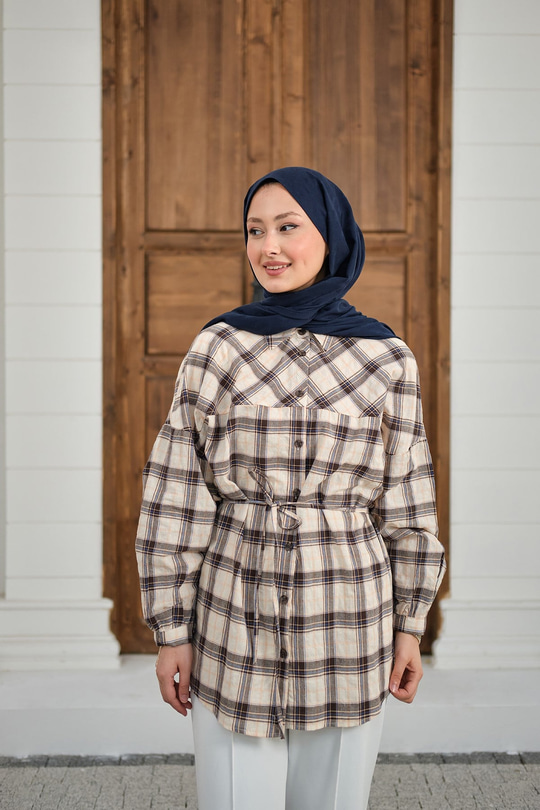 Ekose Desen Bel Bağlamalı Gömlek Siyah