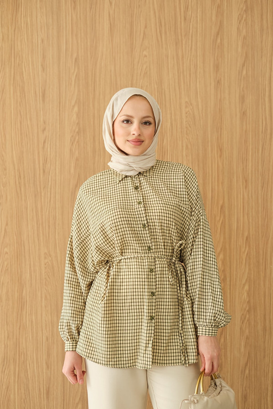 Ekose Desen Bel Bağlamalı Gömlek Yeşil
