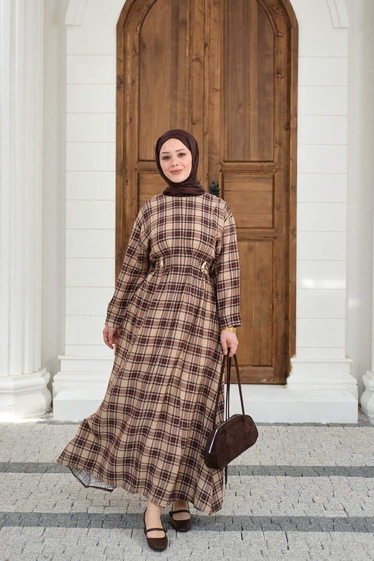 Ekose Desen Bronş Detay Arkadan Bağlamalı Elbise Vizon