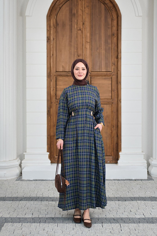 Ekose Desen Bronş Detay Arkadan Bağlamalı Elbise Yeşil