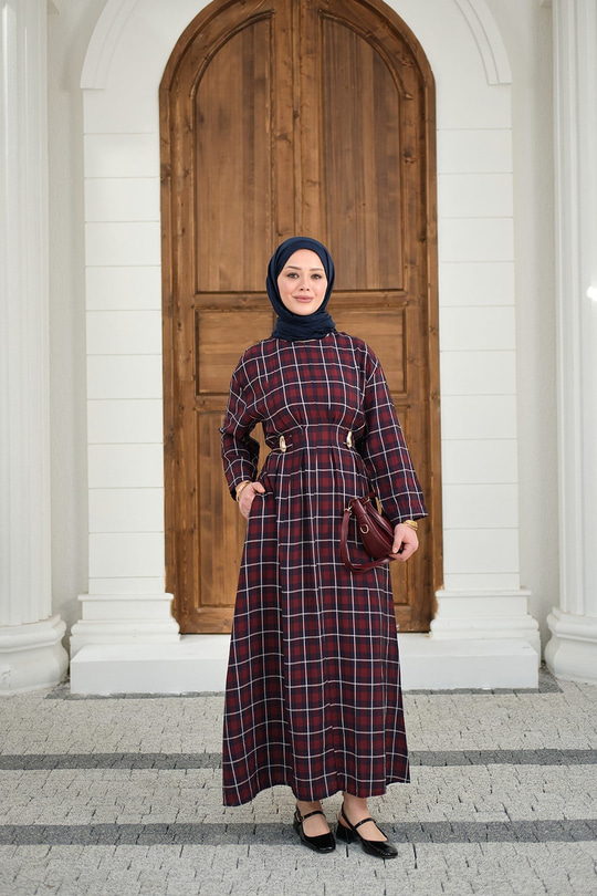 Ekose Desen Bronş Detay Arkadan Bağlamalı Elbise Bordo