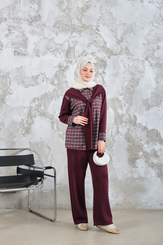 Ekose Desen İkili Takım Bordo