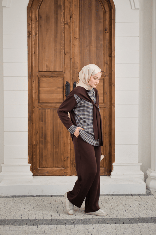 Ekose Desen İkili Takım Kahverengi