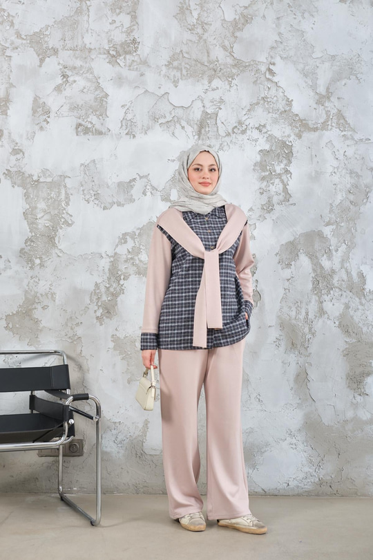 Ekose Desen İkili Takım Krem