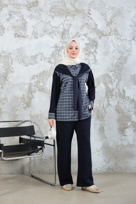 Ekose Desen İkili Takım Mavi