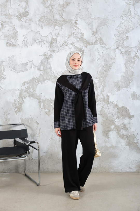 Ekose Desen İkili Takım Siyah