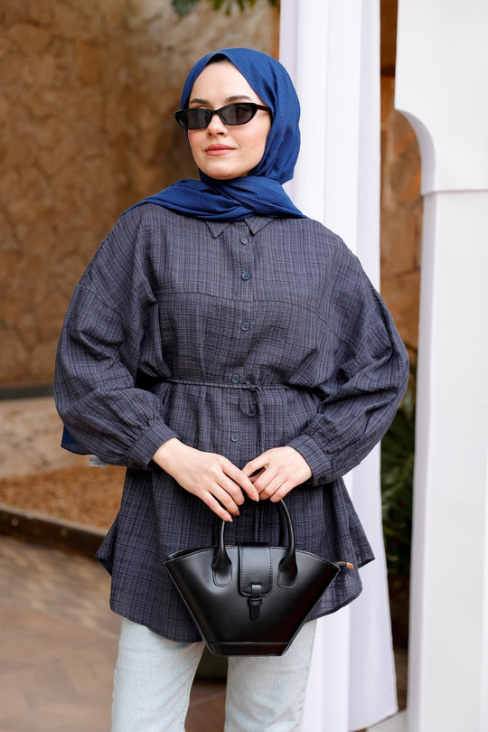 Ekose Desenli Bel Bağlamalı Gömlek Antrasit