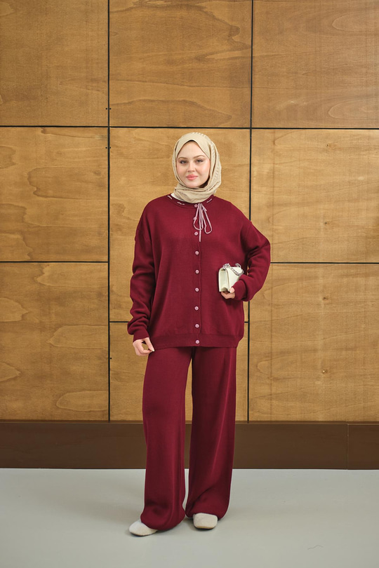 Ekose Düğmeli Takım Bordo