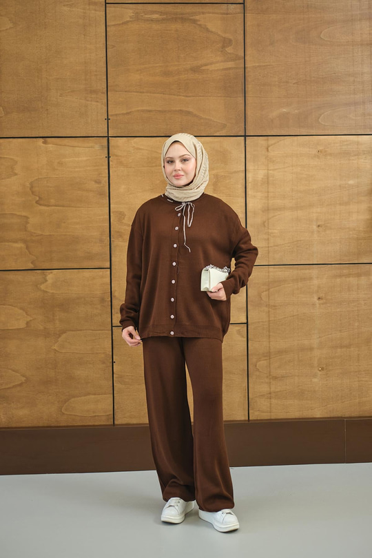 Ekose Düğmeli Takım Kahverengi