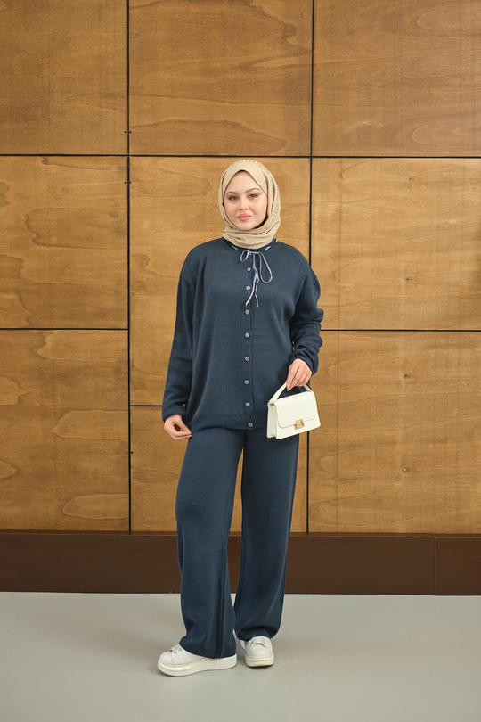 Ekose Düğmeli Takım Petrol Mavi