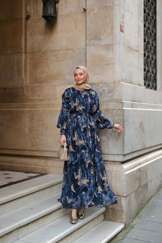 Empirme Desenli Dijital Elbise Lacivert