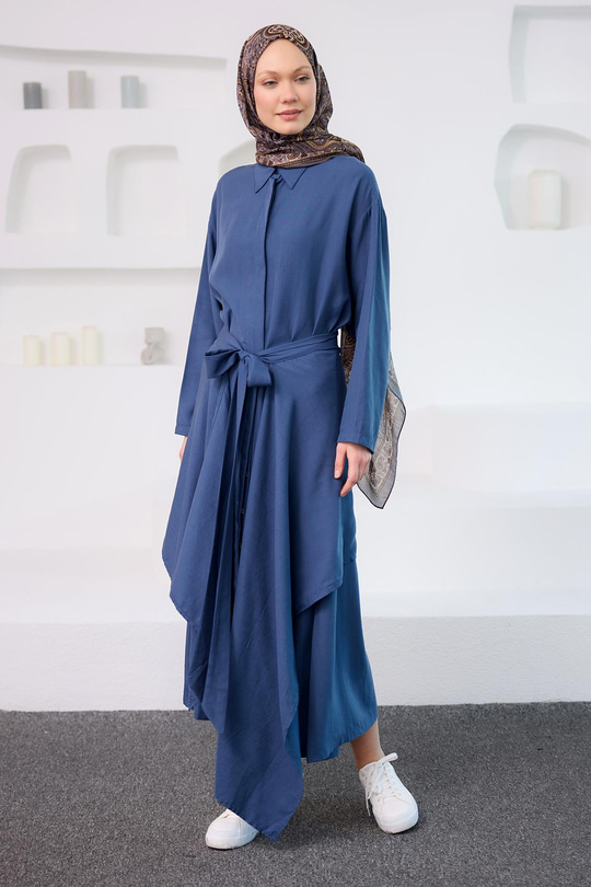Eteği Bağlamalı Elbise Mavi