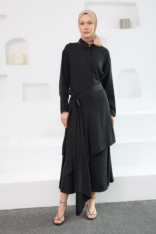 Eteği Bağlamalı Elbise Siyah