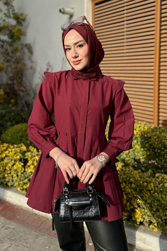 Eteği Pile Detaylı Gömlek  Bordo
