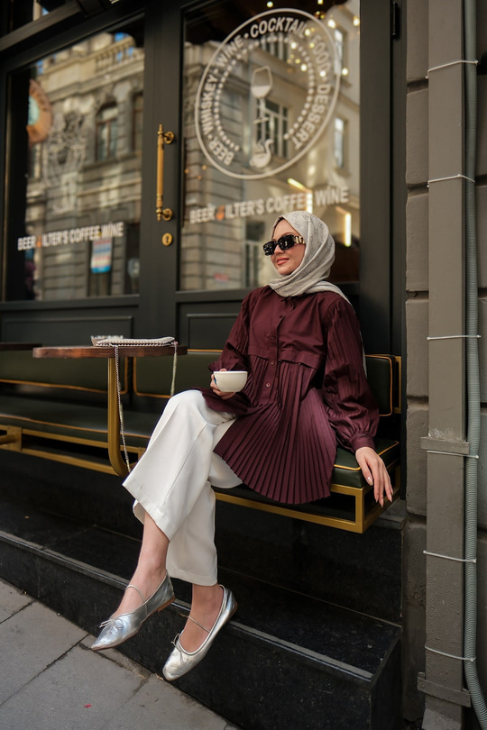 Eteği Pileli Gömlek Bordo