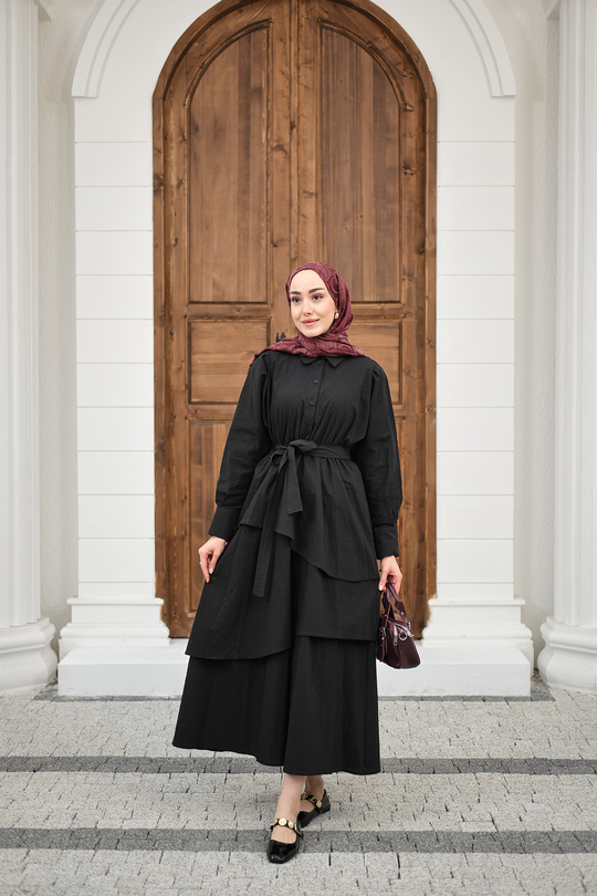 Eteği Volanlı Bel Bağlamalı Gömlek Yaka Yarım Düğmeli Elbise Siyah